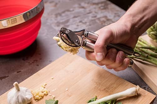 HUTCH Moda Award Winning Auto Scraping Garlic Press - 18/10 Stainless Steel - Unpeeled Garlic Mincer to Mince, Press, and Crush Garlic Effortlessly - Keeping Your Fingers Clean! - Dishwasher Safe