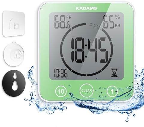 KADAMS Shower Clock Waterproof Bathroom Timer – Digital Wall Clock with Countdown, Magnetic Kitchen Clock with Temperature & Humidity, Suction Cup for Kids Shower Spa Cook Bath (Green)
