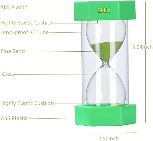 Colorful Sand Timers, Hourglass Sand Timers 2Minutes Sandglass Timer with Protective Cover for Toothbrush Timer Games Classroom Home Office Cooking(Green+2Min)