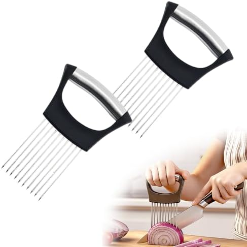 Onion Slicer Holder, Onion Holder for Slicing, Stainless Steel Vegetable Chopper and Onion Slicer Tool, Kitchen Assistant for Onions, Potatoes, Tomatoes and Fresh Produce (2pcs)