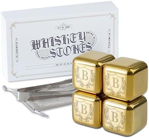 Onebttl Whiskey Stones Golden with Initial - 4pcs Stainless Steel Ice Rocks, Unique Gift for Men Women, Perfect for Whisky Lovers for Christmas, Birthday,J