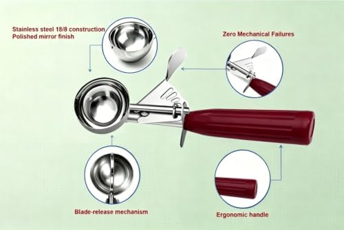 TOPKITCHEN Commercial-Grade Ice Cream Scoop 1.33 oz, 18/8 Stainless Steel Cookie Scoop with Plastic Handle, Portion Control Disher Scoop for Bakeries, Restaurants & Dessert Shops, #24, Red