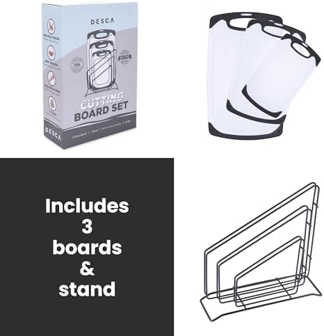 Cutting Boards for Kitchen, Plastic Cutting Board Set of Small to Large Size, Chopping Board with Cutting Board Holder - Non Slip, Groove, Dishwasher Safe, BPA Free - 3 Pack Black/White