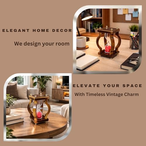Vintage Wooden Hourglass Sand Timer with Red Sand and Brass Chessboard Top Solid Wood Frame & Brass Accents – Elegant Desk Decor for Home Office Study Living Room 6.5 inches (Design 3)