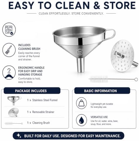 304 Stainless Steel Funnel with Filter Mesh，201-4.13In