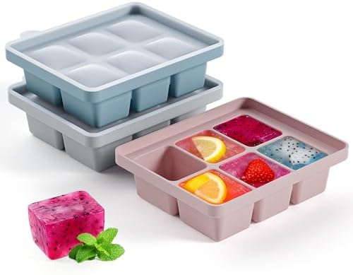 Large Silicone Ice Cube Tray Set of 3, Easy Release 6 Flexible Silicone Ice Cube Molds with Removable Lid, Reusable Freezer Stackable Ice Trays for Whiskey, No Floater, BPA Free