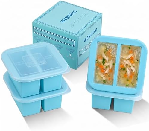 Silicone Freezer Tray with Lid 4 Pack Silicone Freezer Molds Ice Cube Tray Makes 8 Perfect 1 Cup Portions Soup Cubes Meal Prep Containers- Oven & Dishwasher Safe