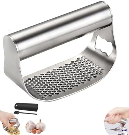 Garlic Press Set,Garlic Press Rocker Heavy Duty Stainless Steel Garlic Mincer, Garlic Chopper with Peeler And Cleaning Brush for Smash Garlic Kitchen Tools(1Set)