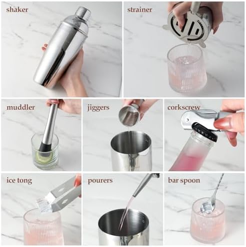 23-Piece Cocktail Shaker Set with Stand, 304 SS, Bartender Kit Gift