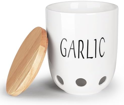 Ceramic Garlic Saver Container with Wood Lid (White)