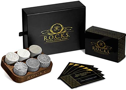 The Original ROCKS Whiskey Chilling Stones & Whiskey Trivia Quiz Gift Set - 6 Handcrafted Premium Granite Round Sipping Rocks - 100 Quiz Q&A for Whiskey Lovers - Fun Fact Stories & More, Great Gift!