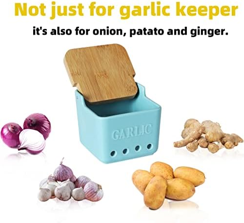 ONTUBE Garlic Keeper with Lid, Ceramic Garlic Holder Storage 4.7-Inch (Turquoise)