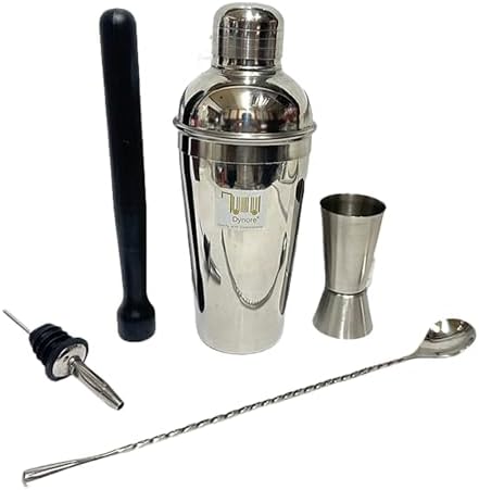 Dynore Stainless Steel 5 Pcs Professional Bar Set- Cocktail Shaker, Tall Peg Measure, Teardrop Bar Spoon, Wine Pourer, PVC Muddler Black