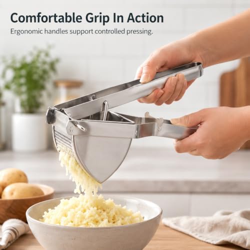 Potato Ricer, Stainless Steel Potato Masher, Heavy Duty Food Masher, Potatos Ricer Kitchen Tool for Mashed Potatos Avocado Pumpkin Baby Food Puree, Large Capacity, Dishwasher Safe
