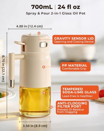 23.7oz/700ml Glass Olive Oil Sprayer for Cooking, 2-in-1 Oil Dispenser Bottle for Kitchen, Air Fryer, Salad, BBQ, Food Grade Spray Bottle with Portion Control