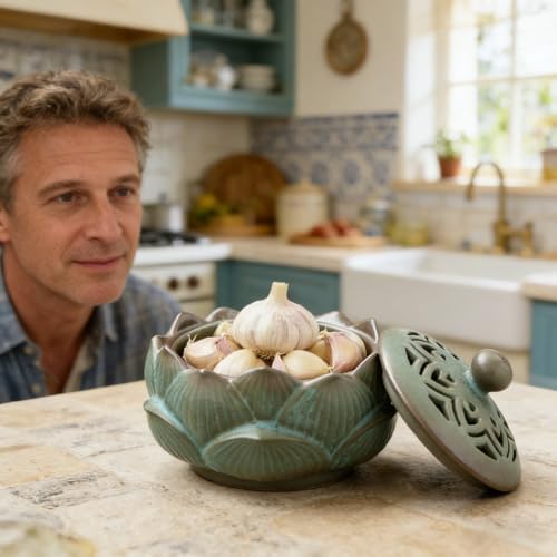 Ceramic Garlic Keeper With Lid Terracotta Holder For Counter
