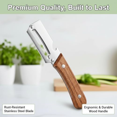 Multi-Functional Vegetable Peeler for Kitchen with Wooden handle & Bottle Opener Design, Premium Stainless Steel Blade Vegetable and Fruit Peeling Tool, Easy peeling & Reduces Waste