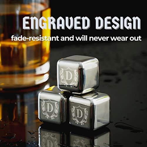 Whiskey Stones Gifts Set with Initial for Men & Women, 4pcs Stainless Steel Whiskey Rocks with Pouch and Tong, Chilling Ice Cubes Initial Gifts for Whiskey Lovers, Dad, Mom, Grandpa, Uncle - E