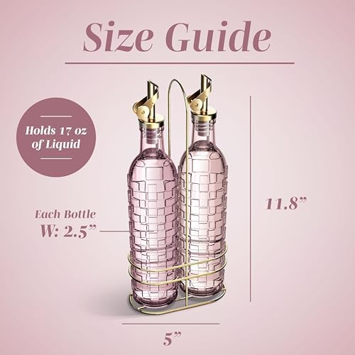 COOK WITH COLOR Glass Olive Oil Bottle Dispenser - 2 Pack- 17oz Oil and Vinegar Cruet - Olive Oil Carafe Decanter for Kitchen, Checkered, Pink