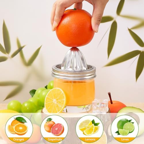 LemonRoad 4 Pcs Stainless Steel Mason Jar Juicer Lid Manual Juicer Squeezer for 3.39 Inch Wide Mouth Mason Jar Citrus Reamer for Lemons Limes Oranges Juicing Accessories