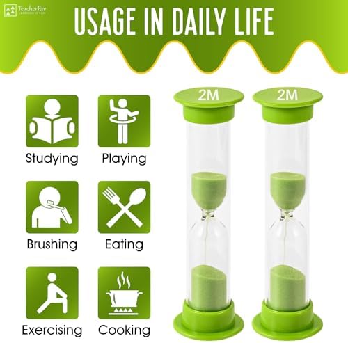 Sand Timer for Kids - 2 Minute Set of 4 Hour Glass - Green Color- Acrylic Covered for Classroom, Home & Kids Room