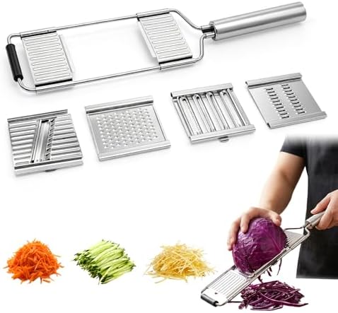 4-in-1 Vegetable Slicer, Handheld Mandoline Cutter with Stainless Steel Guard, Adjustable Thickness Onion Slicer, Sharp Veggie Shredder for Kitchen Fruit Cutting, Silver