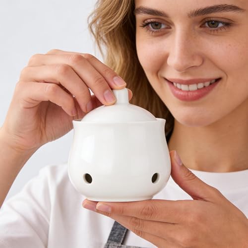 Garlic Storage Container | Ceramic Onion Storage Jar with Lid | Decorative Garlic Holder - for Dining Room Kitchen Restaurant Fridge Onion Potato Ginger