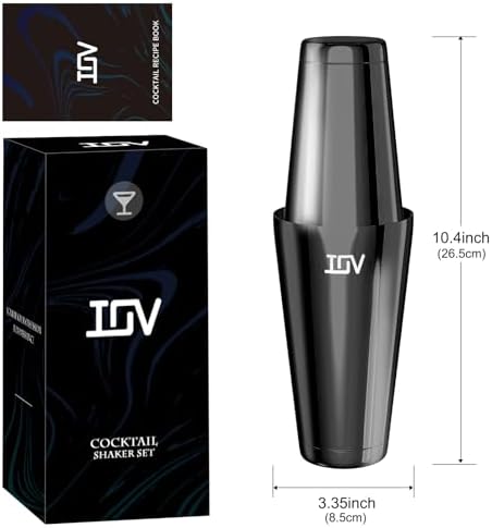 IOV Boston Cocktail Shaker Set, 18oz & 28oz Stainless Steel Weighted Shaker Tins, Metal Martini Drink Mixer for Bartending, Professional Bar Tools with Cocktail Recipe Guide, Black