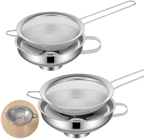 Kenaoeoe 4 PCS Stainless Steel Canning Funnel and Can Strainer Set Wide and Regular Mouth Kitchen Funnels with Fine Mesh Strainers for Kitchen Use