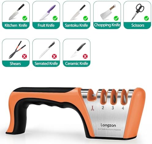 Longzon 5-in-1 Knife Sharpener 4 Stage and Cut-Resistant Glove,Black+Orange