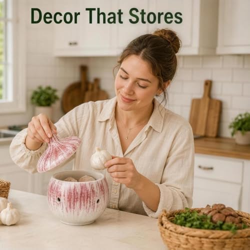 Brush Glaze Ceramic Garlic Container Keeper Holder Counter Storage Pot Kitchen Pantry Farmhouse Dining Table Countertop Organizer