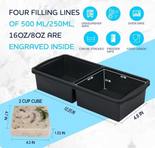 ZIP STANDING Silicone Freezer Trays with Lid,2-cup Soup Freezer Container large Ice Cube Molds with Reinforced Steel Ring Top for freezing Soup Sauce Broth Leftovers oven Dishwasher -Safe(3-Pack)