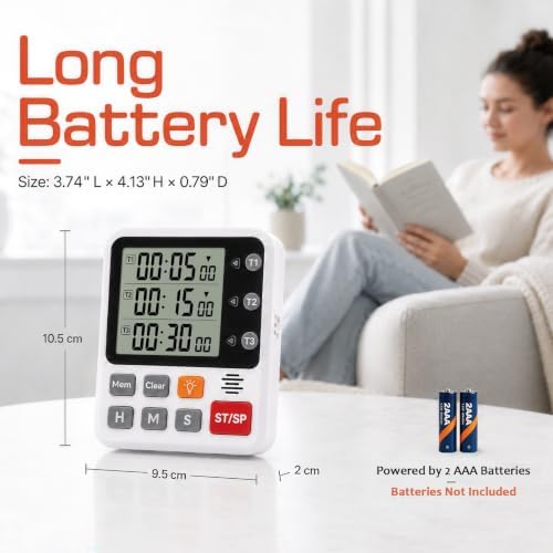 Backlit Magnetic 3-Channel Digital Kitchen Timer for Cooking