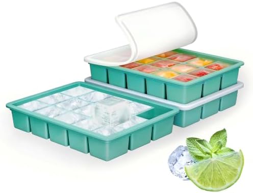 Ice Cube Tray with Lid, 3 Pack 45 Cubes Silicone Stackable Ice Cube Trays for Freezer with Removable Lids, Easy Release & BPA Free Molds for Whiskey, Cocktail, Coffee, Green Matte