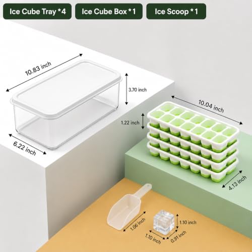 Ice Cube Trays with Lid and Bin, 4 Pack Silicone Ice Cube Tray for Freezer, Stackable Ice Storage Container with Scoop, for Drinks, Coffee, Cocktail