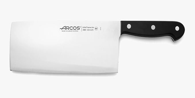 Arcos Cleaver Knife 8 Inch Nitrum Stainless Steel and 200 mm blade. 400 gr. Prolonged and heavy use. Ergonomic Polyoxymethylene POM Handle. Series Universal. Color Black