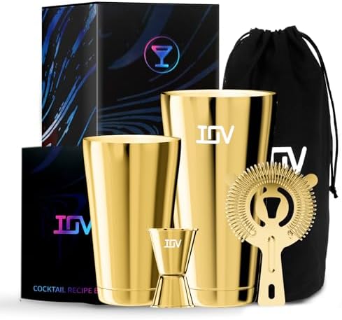 IOV Boston Cocktail Shaker Bar Set, Bartender Kit Drink Mixer Set with 18 oz & 28 oz Boston Shakers, Hawthorne Strainer, Double Jigger, Bar Tool Kit and Recipe Booklet - Gold