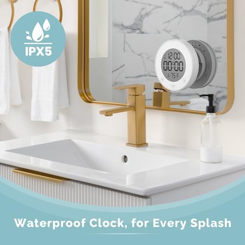 KADAMS Shower Clock Waterproof Bathroom Timer – Digital Wall Clock with Countdown, Magnetic Kitchen Clock with Temperature & Humidity, Suction Cup for Kids Shower Spa Cook Bath (Peal)