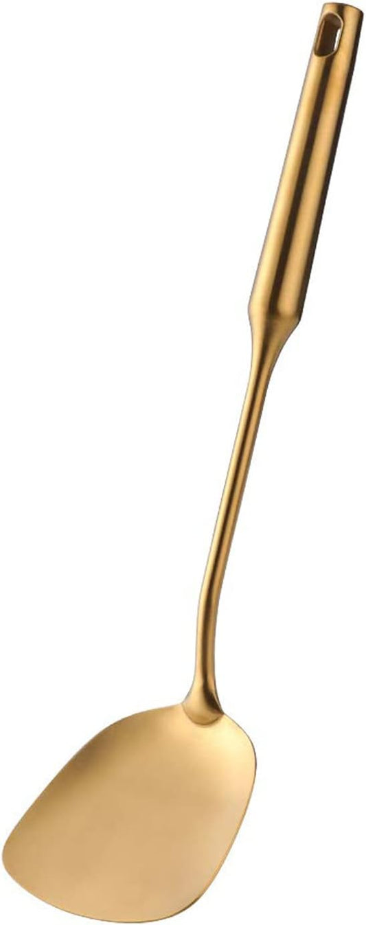 Wok Spatula Stainless Steel, Wide Metal Spatula with Hollow Long Handle Wok Utensils,Gold/14.5Inch