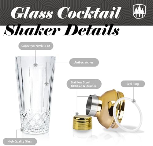 Glass Cocktail Shaker Set with Built-in Strainer - 14 ounces Margarita & Martini Mixer Bartender Tools for Whiskey, Coffee, Beverages, Durable Crystal clear Shaker Cup for Party, Home Bar & Gifts