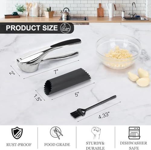 Professional Garlic Mincer Tool - Easy-Squeeze, Easy-Clean with Soft, Ergonomic Handle - Silicone Garlic Peeler & Brush