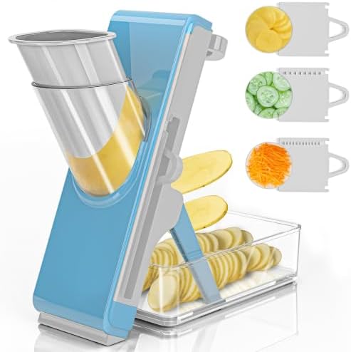 Safe Mandoline Slicer for Kitchen, Vegetable Slicer with Container, French Fry Cutter, All in 1 Julienne Slicer for Potato, Thickness Adjustable, Detachable Blade (Light gray-blue)