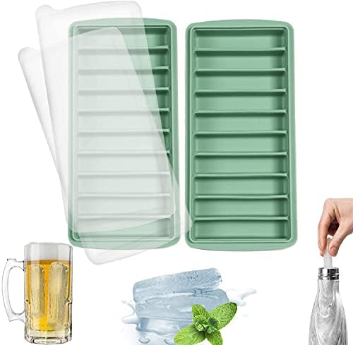 LessMo 2 PCS Ice Cube Tray, Long Ice Stick Tray Silicone with Lid, Rectangular Narrow Stick, Reusable, Flexible, Easy Release, for Small Mouth Sport Bottles, Juice Bottles, Cocktail Parties, Green