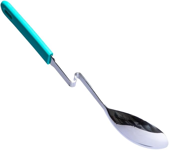 Souper Cubes + Lori Greiner No Mess Stainless Steel Cooking Spoon with Silicone Handle - Stainless Steel Serving Spoon No Mess Design Hooks on Side of Any Pot - Aqua