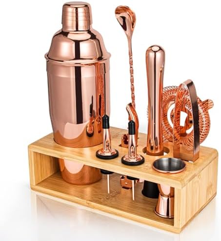Rose Gold Cocktail Shaker Set, Premium 18/8 Stainless Steel Mixology Bartender Kit with Stylish Bamboo Stand 10-Piece Bar Tools & Accessories for Home Decor - Gift for Women, Mom, Wedding