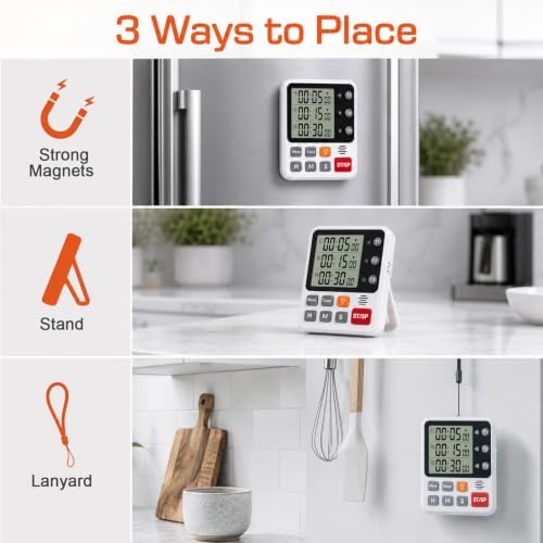 Backlit Magnetic 3-Channel Digital Kitchen Timer for Cooking