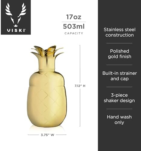Viski Pacific Pineapple Cocktail Shaker – Tropical Themed Cocktail Shaker for Tiki Drinks – Stainless Steel with Gold Finish, 3-Piece Shaker with Built-In Strainer and Pineapple Leaf Cap - Set of 1