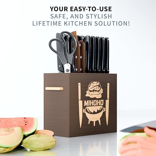 Wood Universal Knife Block with Slots, Wood Knife Holder/Knife Organizer, Unique Knife Storage for Counter Top with Anti-Slip Base (Walnut D)