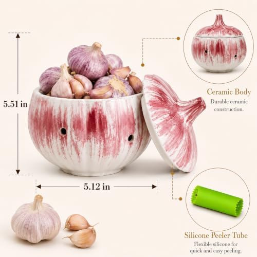 1 Set Garlic Keeper for Counter with Lid, 5.12 x 5.51 in Ceramic Storage Jar with Vent Holes, Includes Silicone Peeler Tube, Compact Kitchen Container for Bulbs, Pantry and Daily Home Cooking