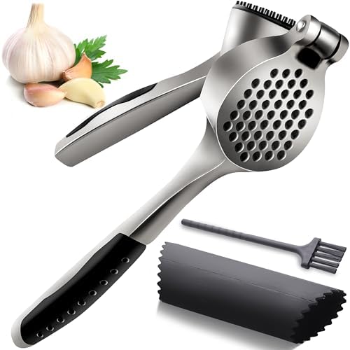 Garlic Press Set - Premium Professional Garlic Mincer Tool - Garlic Crusher. Easy-Squeeze, Easy-Clean, Ergonomic anti-slip handle - Silicone Garlic Peeler & Brush, 6.8in x 1.8in, ETZX1